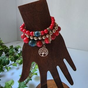 Boho 3 Red Gold Bead Stretch Bracelets Tree of Life